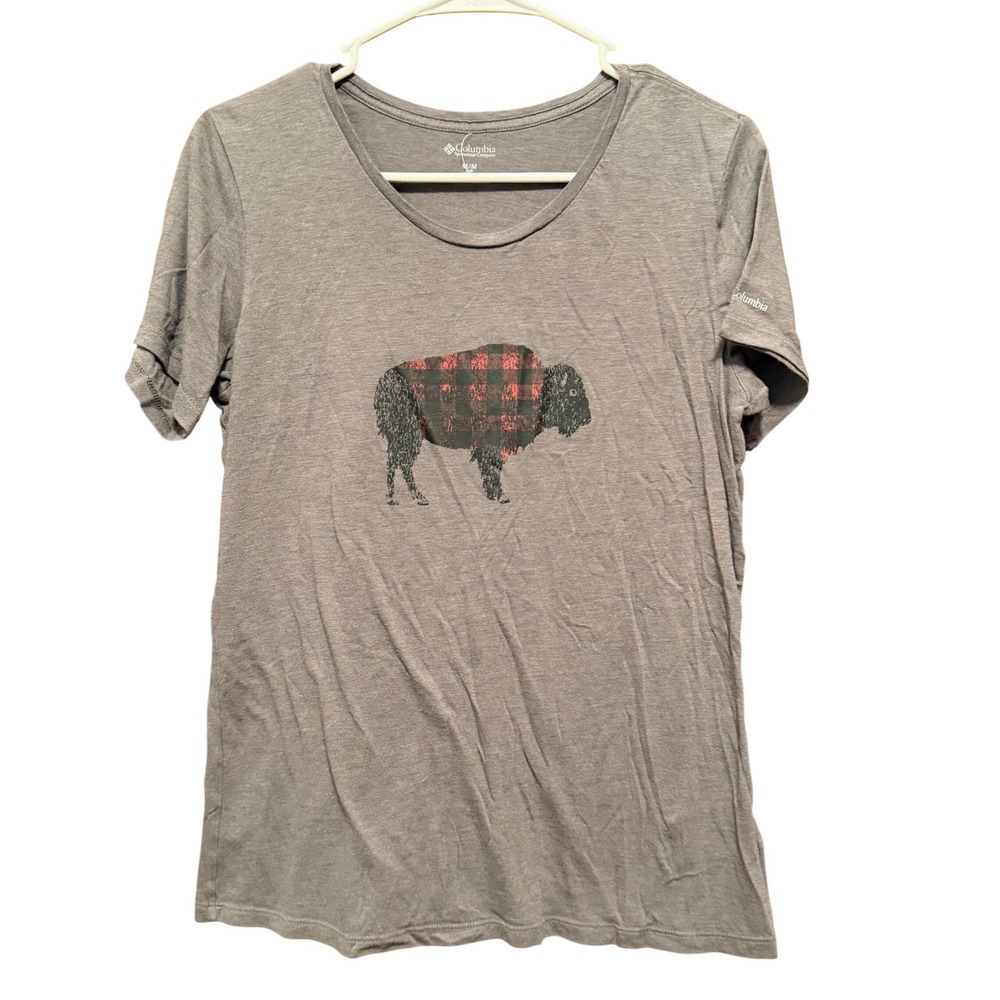 Columbia Womens Gray Buffalo Plaid Bison Graphic Scoop Neck T-Shirt Medium